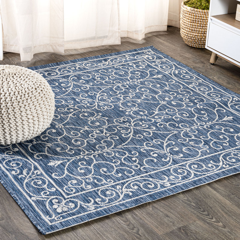 Tapis d'intérieur / extérieur bleu marine / gris à tissage texturé Hagerman, Carré 7 pi 9 po