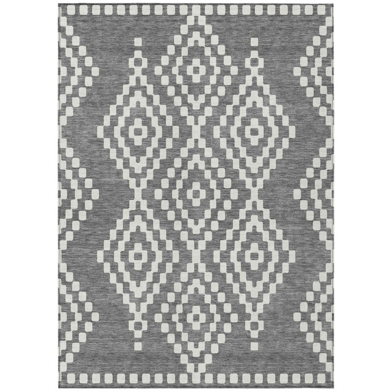 3' X 5' Gray And Ivory Geometric Washable Indoor Outdoor Area Rug