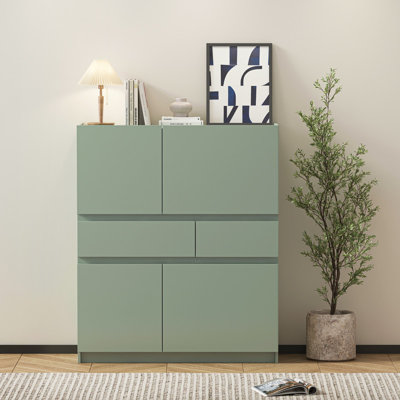 Armoire de rangement en bois vert avec 4 portes et 2 tiroirs