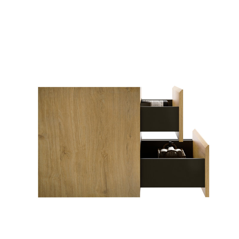 Wall Mount Cabinet Without Basin - Natural Oak Colour Two Drawer Bathroom Vanity Modern Minimalist Sleek Pre-assembled Drawers For &