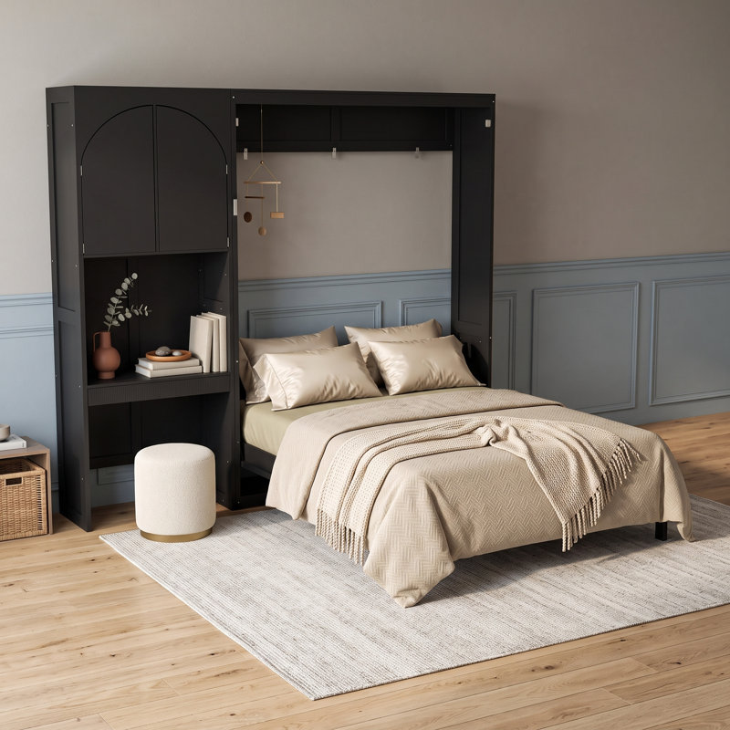 Grand lit escamotable 1 tiroir avec armoire latérale réversible et lumières DEL, Noir