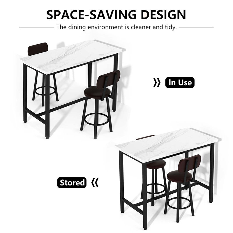Space-Saving 39" Bar Table Set for 2 with PU Leather Stools - White Marble MDF Counter Height Dining Set
