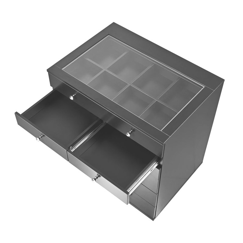 Charcoal MDF Display Chest with Soft Close Drawers and Glass Top