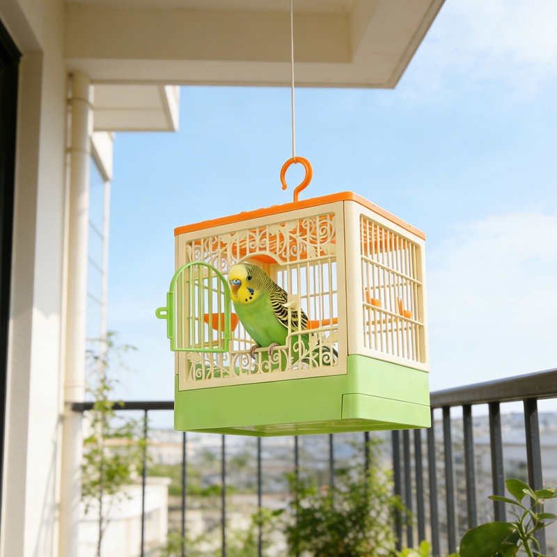 Cage à oiseaux en plastique pour petits oiseaux avec plateau inférieur coulissant et vue panoramique, 900 g, verte, Vert