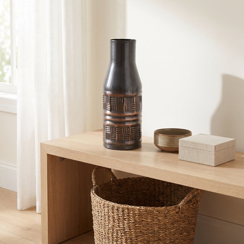 Eila Hand Hammered Checker Orbit Metal Cylinder Vase in Copper and Bronze, 17" H x 5.5" W x 5.5" D