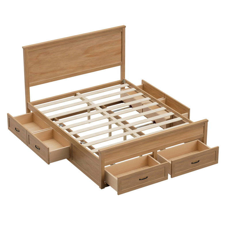 Structure de lit de rangement moderne en bois avec 6 tiroirs et support de plateforme à lattes pour une efficacité optimale de l'espace et la compatibilité du matelas.