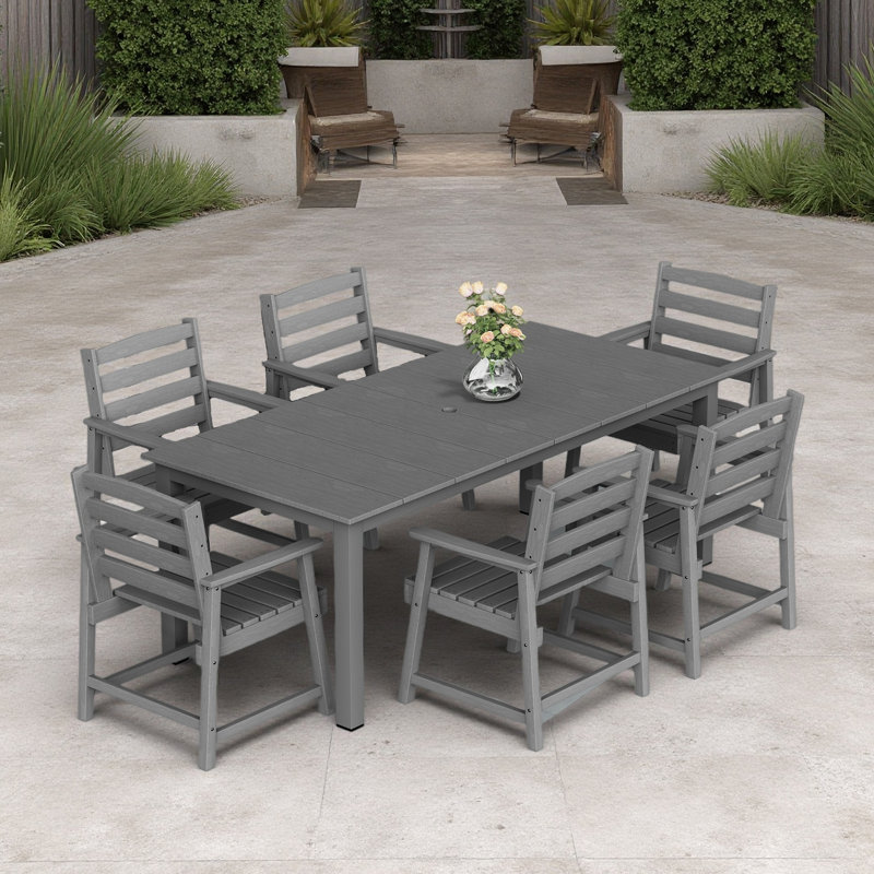 Table et chaises de salle à manger d'extérieur standard 7 pièces, Gris