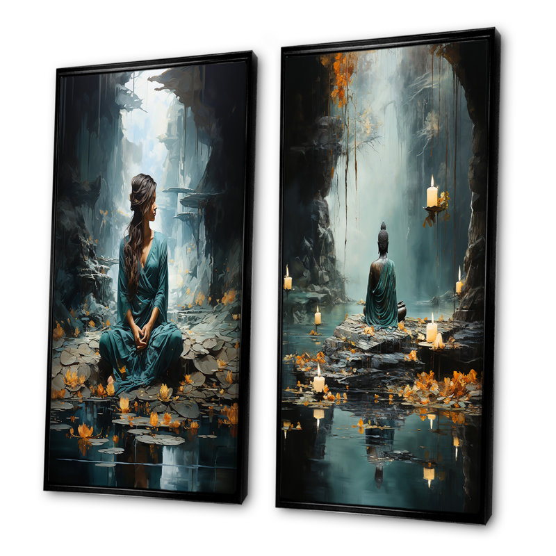 L'hindouisme yogis Tranquil Cave sarcelle - ensemble de 2 impressions sur toile de l'hindouisme, Cadre noir