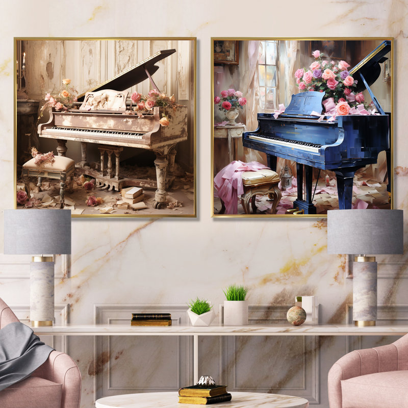 «Vintge Piano Romantic Melody I - Music Piano», ensemble de 2 reproductions d'art sur toile, Cadre flottant doré