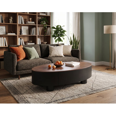 Table basse ovale moderne 47 po Mid-Century, plateau en bois de noyer massif avec 2 tiroirs de rangement cachés