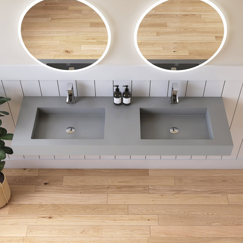 Lavabo de salle de bain mural double 59 po Medunjess, surface solide grise, double lavabo mural, Robinets à monotrou, Gris