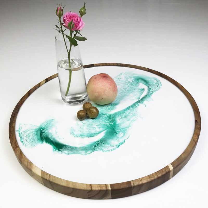 Round Decorative Serving Tray Acacia Wood Epoxy Resin Pattern Decor