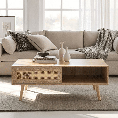 Table basse Meshoppen en rotin de 41 po avec rangement pour porte coulissante, pieds en bois massif et tablette ouverte
