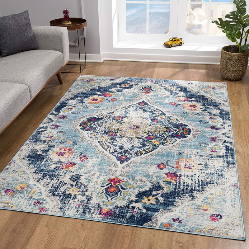 Tapis médaillon bleu et ivoire, Rectangle 8 pi x 11 pi