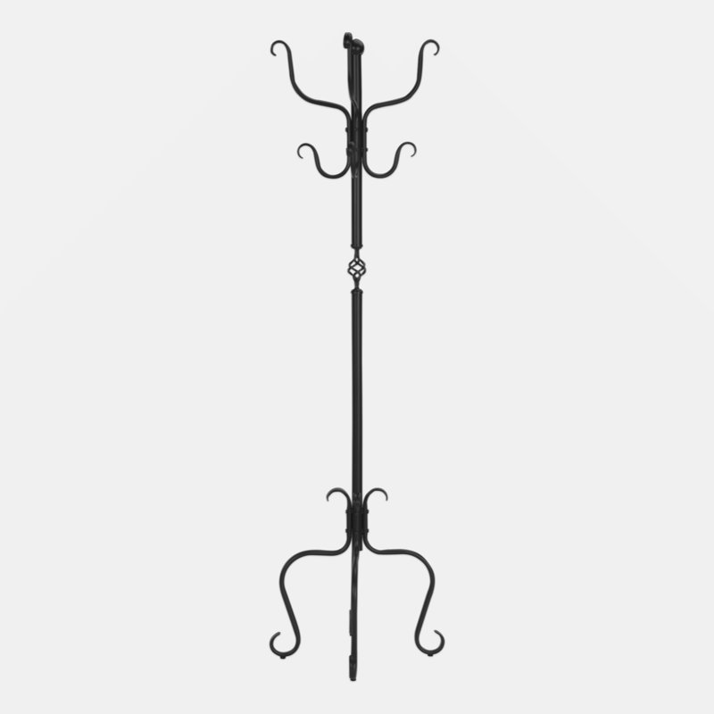 Standing Coat Rack, 74 Inch, Curved Base, 8 Hooks, Classical Black Metal