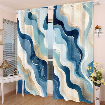 2 PCS avec œillets, rideaux occultants à œillets, rideaux abstraits à imprimé de vagues fluo or bleu, isolation thermique, réduction du bruit, protection de la vie privée, habillage de fenêtre obscurcissant pour chambre à coucher, salon, décoration intérieure