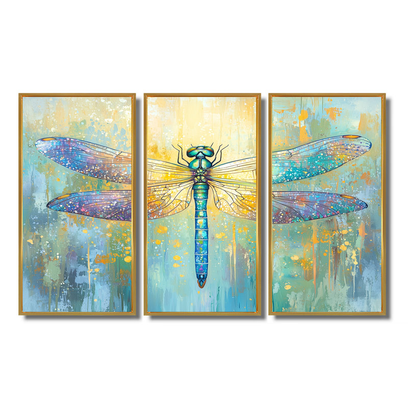 «Iridescent Wings Of A Dragonfly V», ensemble de reproduction d'art mural libellule, 32" H x 48" W, Gold