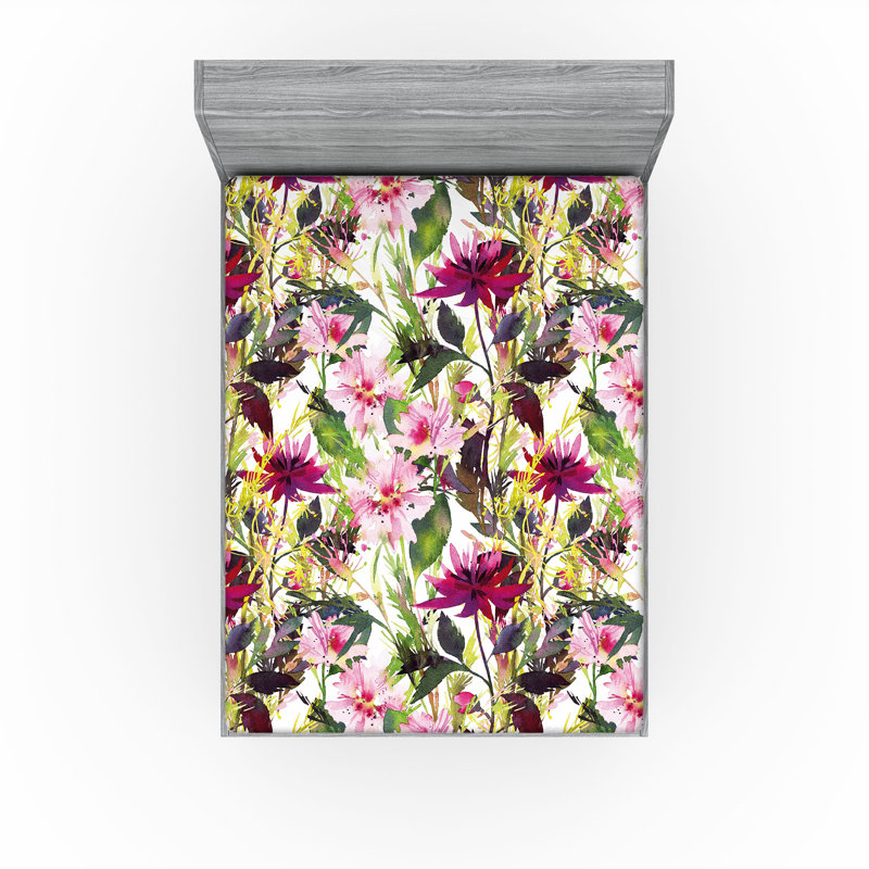 Drap-housse Ambesonne, Vert fougère, magenta, blanc / floral, Drap-housse très grand californien