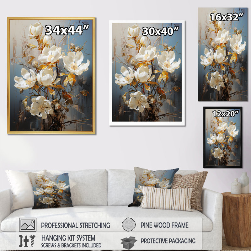 «Magnolias I» sur toile, Cadre flottant doré, H 20 po x l 12 po x P 1 po