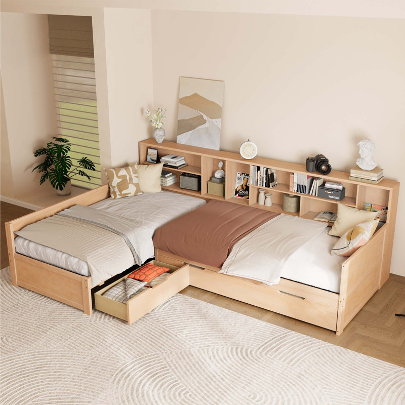 Lit de jour simple en L en forme de L avec lit gigogne sous le lit et tiroir de rangement, cadre de lit d'angle polyvalent avec bibliothèques pour 3