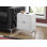 Table d'appoint, côté, bout, table de chevet, lampe, tiroir de rangement, salon, chambre à coucher, stratifié blanc brillant, métal chromé, contemporain, moderne