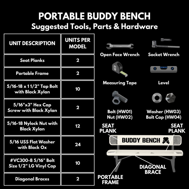 Buddy Bench, Black, Expanded, 6Ft, With Back, Portable, 6ft Buddy Bench Portable, Punched, Yellow