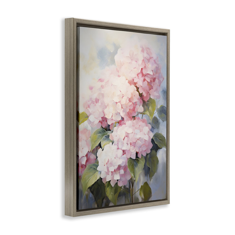 Toile flottante encadrée d'hortensia rose pâle par Petals Prints Design, Cadre flottant orme Montalcino, H 25 po x l 17 po