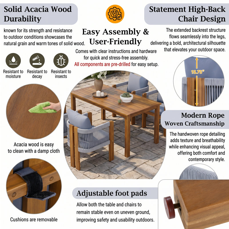 Ensemble repas d'extérieur 5 pièces en bois d'acacia avec chaises et coussins en corde, brun et gris, Gris