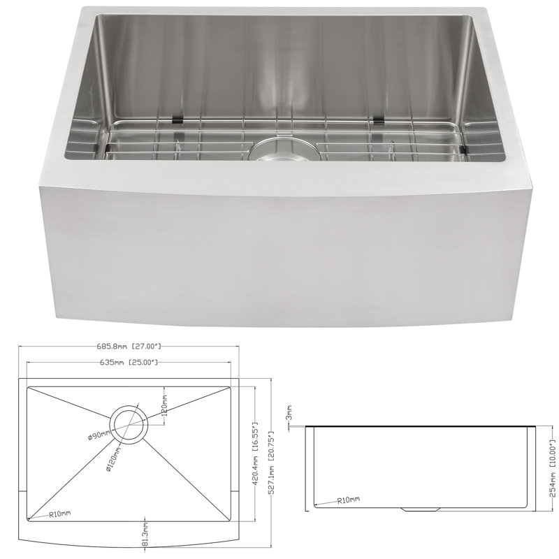 Évier de cuisine de 27 po de profondeur, acier inoxydable 16G T304, coin R10, prévention de la condensation, conception 27 po x 21 po x 10 po, profondeur de 10 po, coussin d'insonorisation