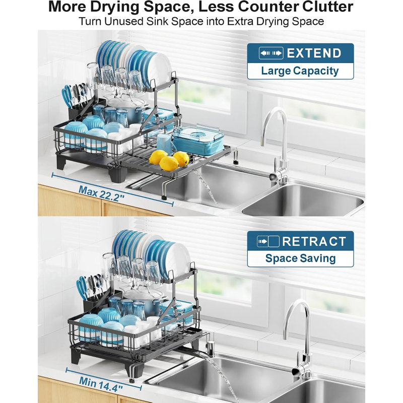 Large 2 Tier Dish Drying Rack - Expandable Over Sink & Counter Use Extendable Drying Space, Auto-Drain Spout, Stable Screw-Fixed Frame