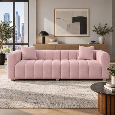 87.4" Mid-Century Sofa Couch, 3 Seater Sofa With Two Pillows, Upholstered Sofa Couch Tufted Teddy Fabric Solid Wood Fram And Legs For Living Room Bedroom Office