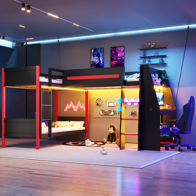  Lit superposé simple en L et lit mezzanine avec bureau de jeu intégré, lumières DEL, noir et rouge