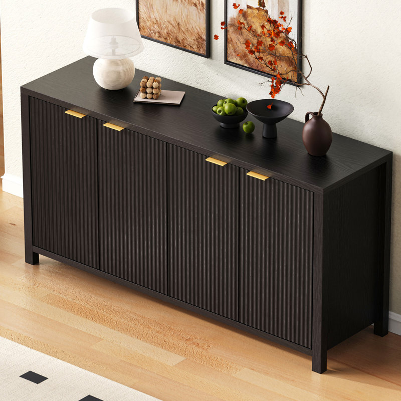 Buffet 55 po cannelé avec rangement, armoire de rangement Farmhouse 4 portes, buffet avec tablettes réglables, Noir