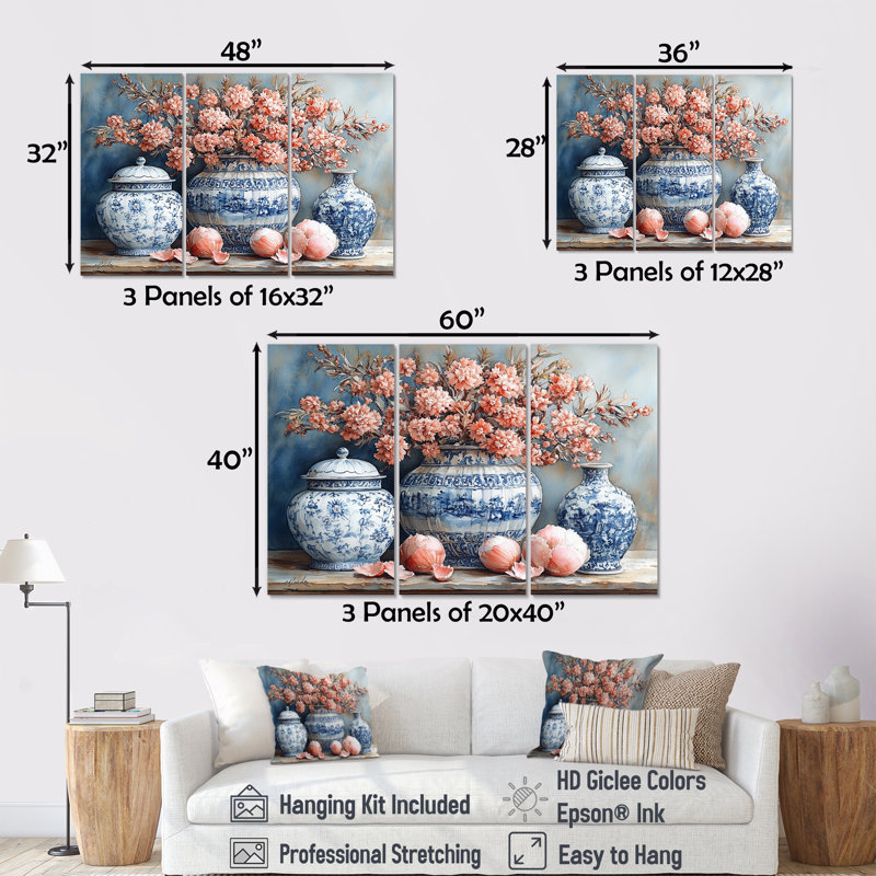Poterie en tons de bleu et blanc IV - ensemble d'art mural Boho Pottery, Toile tendue, H 40 po x l 60 po x P 1 po
