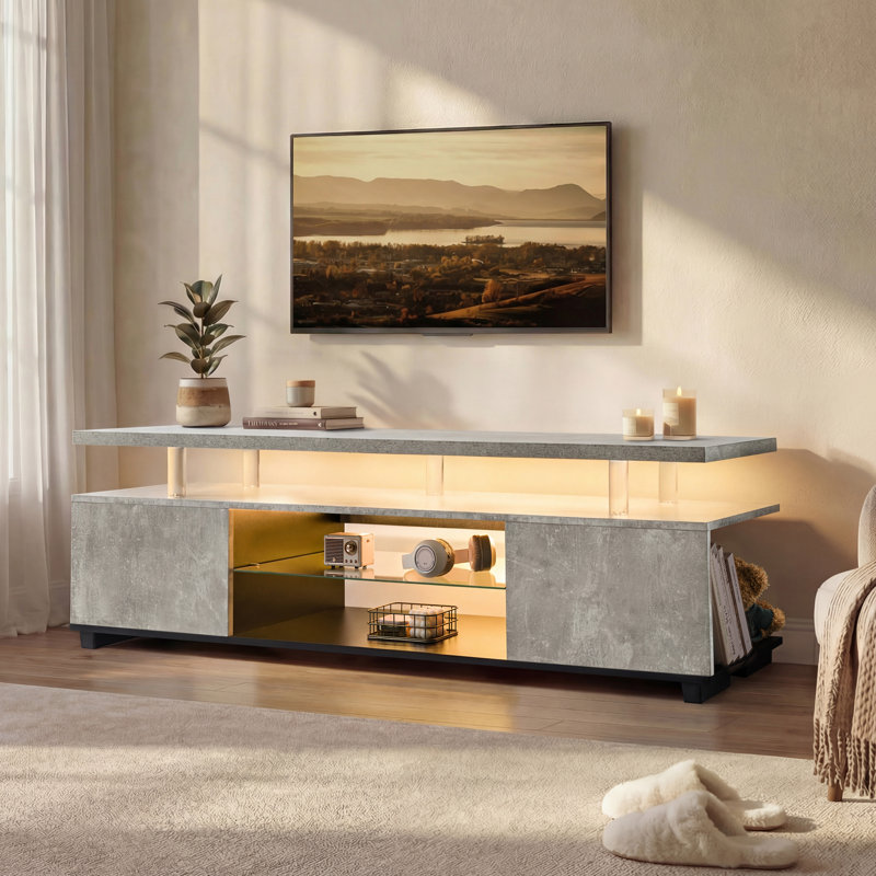 Meuble télé gris, meuble télé à DEL pour le salon, centre de divertissement avec rangement, Gris