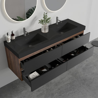 Meuble-lavabo de 60 po en noyer Grace avec lavabo en quartz noir mat et tiroirs noirs doux, meuble-lavabo mural flottant, sans drain ni robinet, pré-assemblé