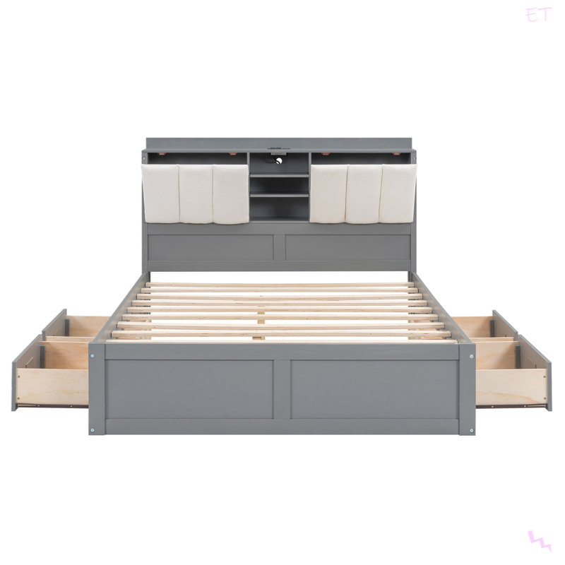 Lit plateforme en bois avec tête de lit avec rangement, tablettes et 2 tiroirs, Double, Gris 1