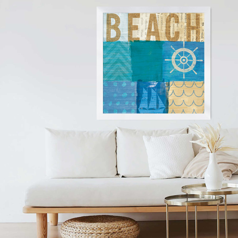 «Beachscape Collage IV», art textuel, H 21,5 po x l 21,5 po x P 0,75 po, Cadre blanc