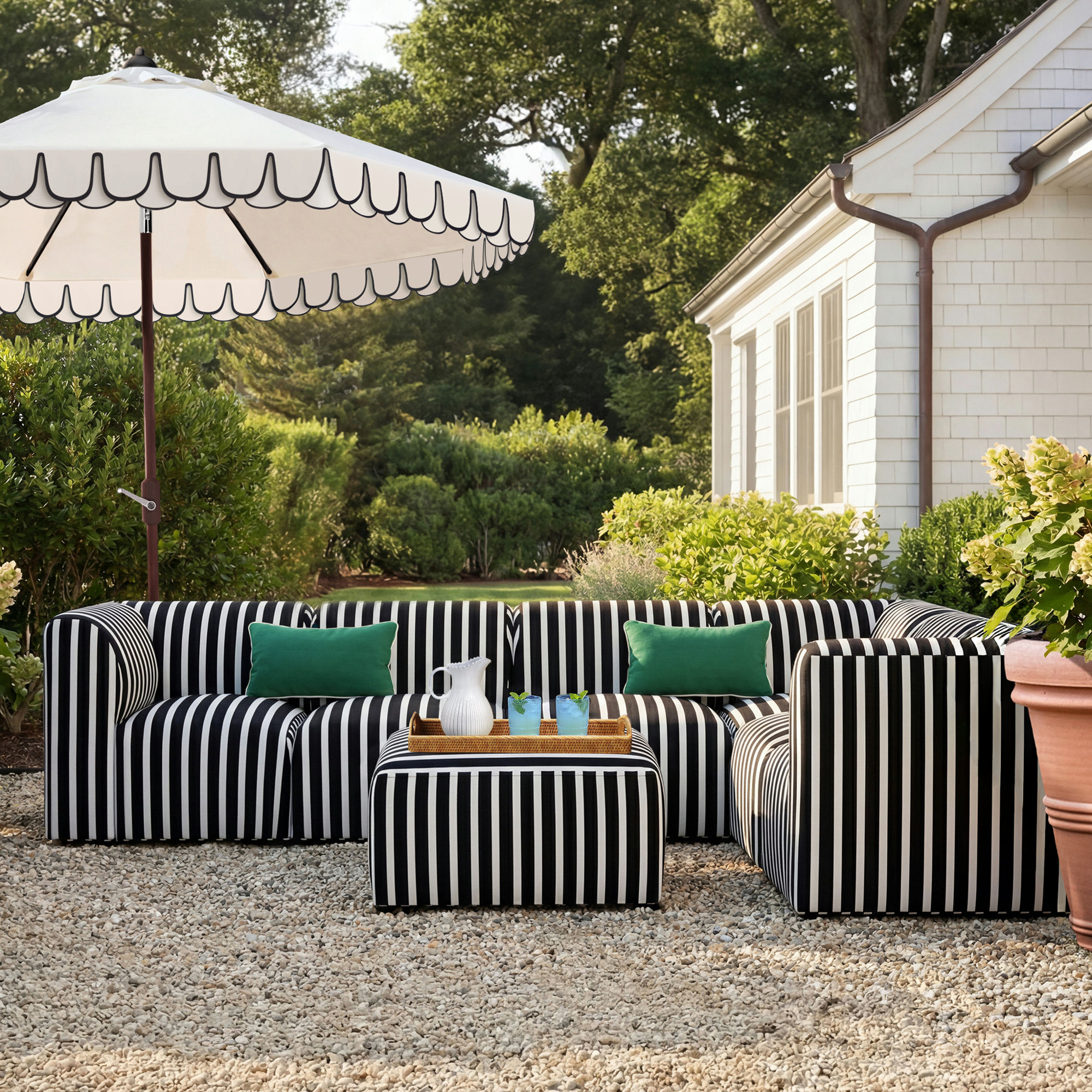 Eliana 124'' Outdoor Sectional with Sunbrella Cushions, Shore Classic Black Stripe Sunbrella®