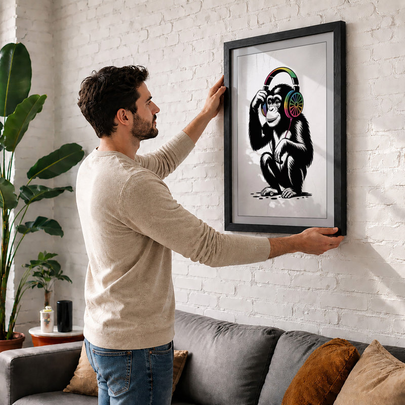 Chimp in Headphones Modern - Framed Print, A1 - 84.1 x 59.4 cm, Oak