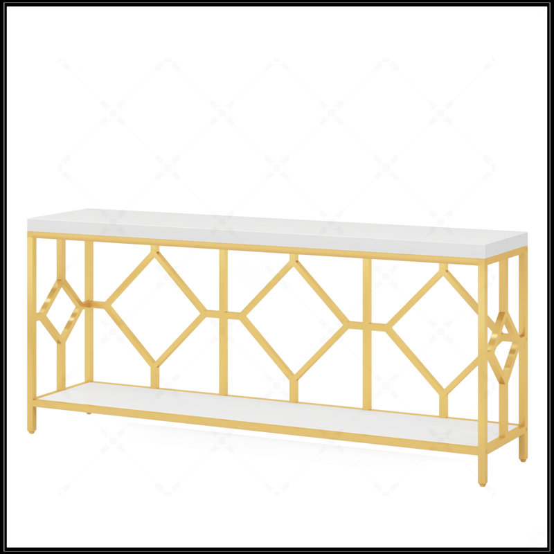 70.9 Inch Extra Long Industrial Console Table With 2-Tier Open Storage, White & Gold Diamond Pattern Metal Frame