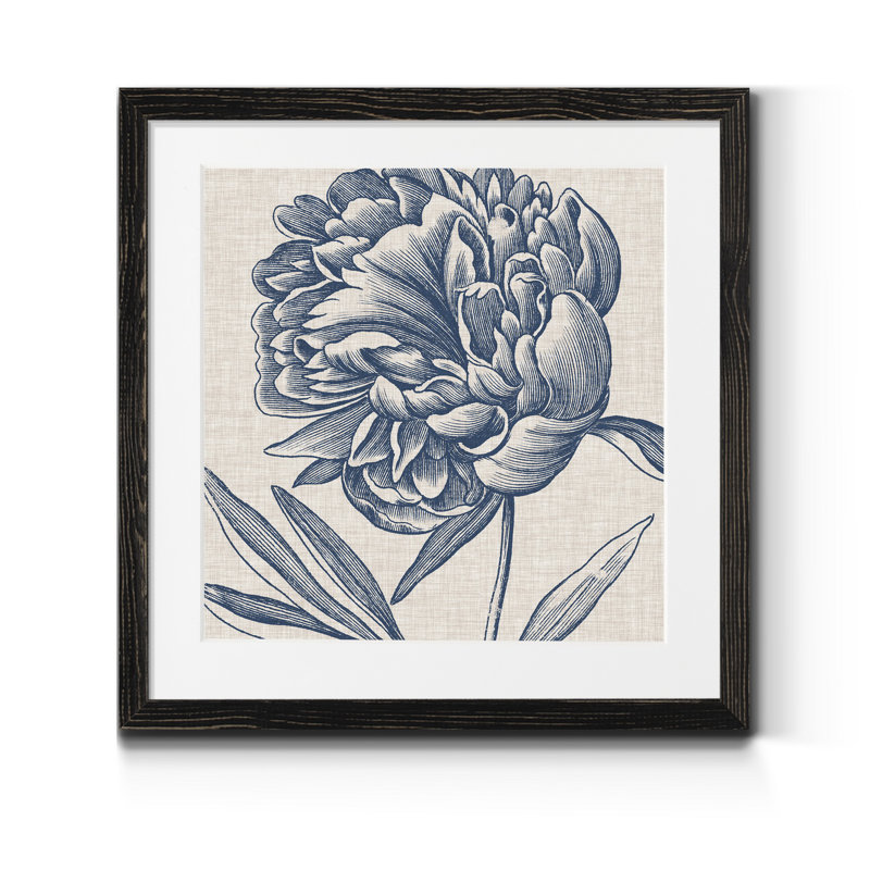 " Indigo Floral On Linen II - Premium Framed Print - Ready To Hang ", 21" H x 21" W x 1" D, Black Framed Paper, White Mat