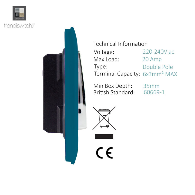 Trendi Switch 1 Gang 20 Amp Heavy Duty Rocker Switch, Ocean Blue