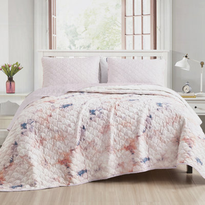 Ensemble de couvre-lit 3 pièces en microfibre matelassée réversible à imprimé aquarelle rose pâle, très grand