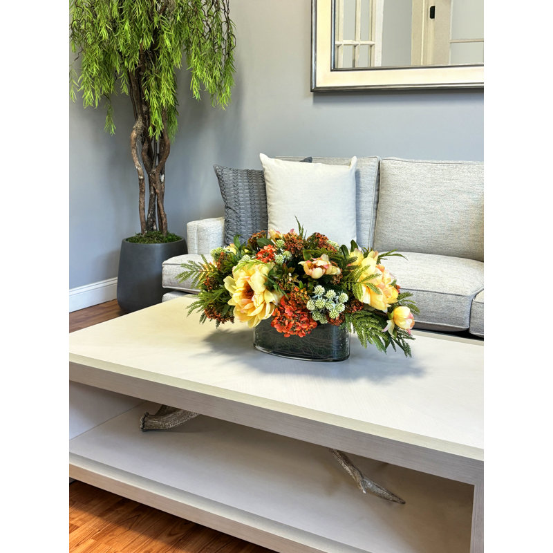 Hydrangea, Peony and Fern Fall Arrangement in a Glass Vase