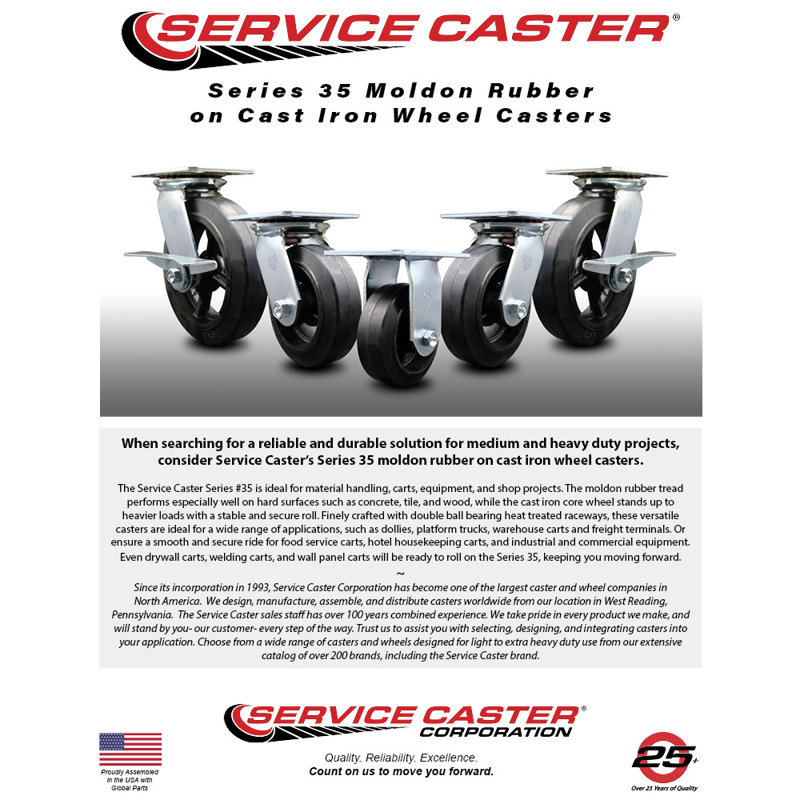 6 Inch Rubber on Steel Caster Set with Ball Bearings and Swivel Locks SCC