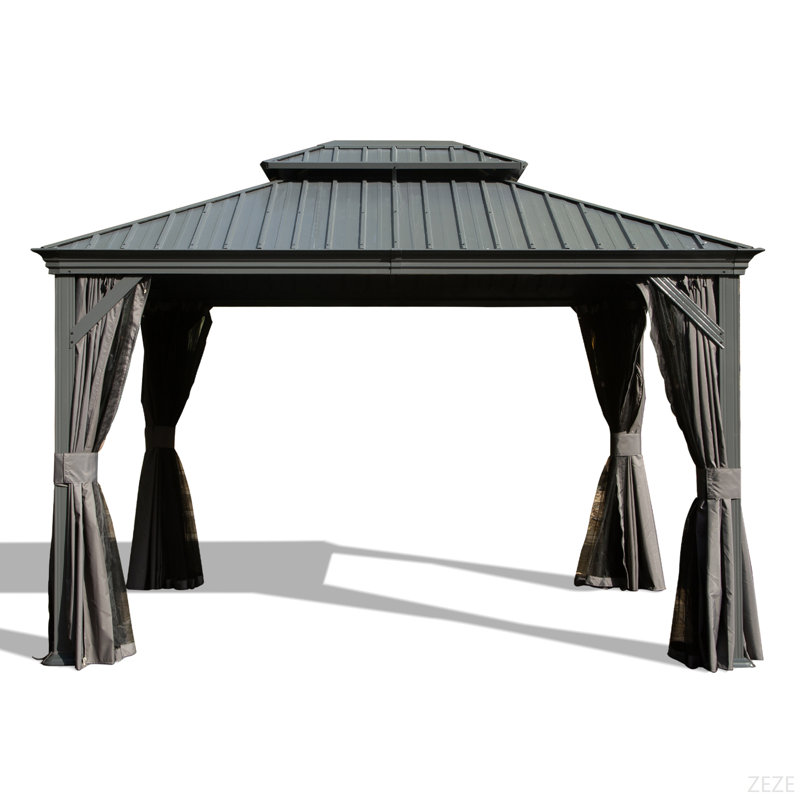 12' X 14' Hardtop Gazebo, Upgraded Metal Gazebo with Drainage System, Dual-Layer Galvanized Steel Roof, Curtain and Netting, Outdoor Shelter Canopy