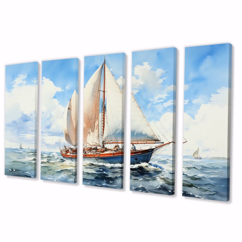 Voilier dans le vent II - art mural toile côtière - 5 panneaux égaux