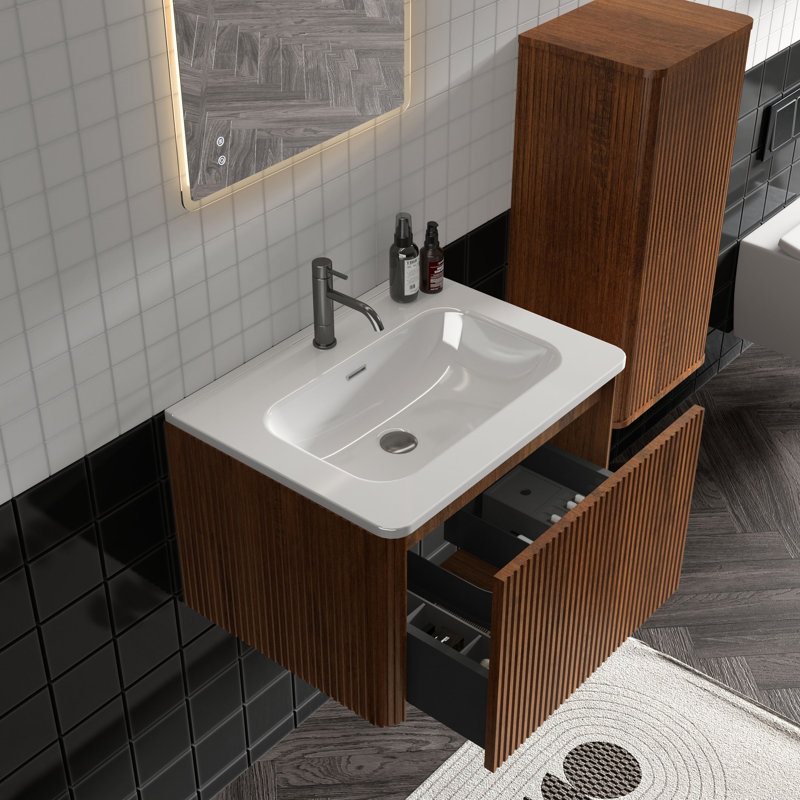 Hannemarie 24 Inch Wall Mounted Single Bathroom Vanity with Top with Overflow, Pre-Assembled , 24", Walnut