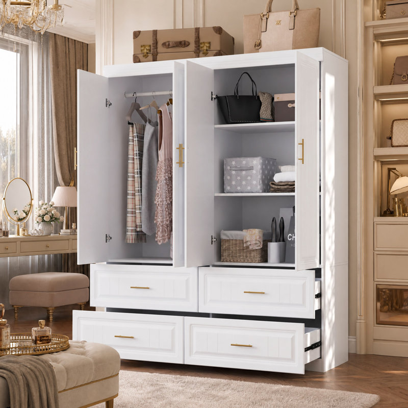 63" W 4-Door Wardrobe Armoire with 4 Drawers, Hanging Rod & Interior Shelves